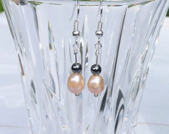 Earrings, Pearl, Pyrite, Peach, Silver, Freshwater pearls, Drop Style Earrings, Fools Gold, Fresh Water