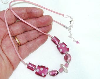 Pink Beaded Necklace, Spot Beads, Lampwork Beads, Pink Beads, Silver Bead, Silver Disc Pendant, Pink Suede Thonging, Plus Size, Hand Crafted