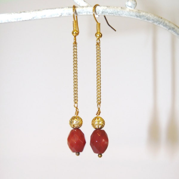 Red and Gold Earrings, Red Agate, Gold Chain, Dangly Drops, Shoulder Dusters, Burlesque Style, Dangles, Long, Gold Plated, OOAK