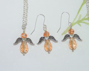 Peachy Angel Necklace and Earring Set: Crystal Guardian Charms