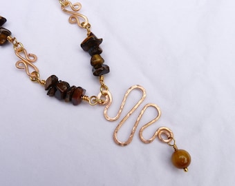 Necklace with Tiger Eye and Gold, Copper, Hand Made Links Wire Wrapped, Hand Forged, Handmade, Artisan