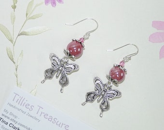 Butterfly Earrings, Pink and Silver, Ceramic Beads, Tibetan Silver Butterfly, French Ear Wires, Drop Earrings, Dangle Earrings, Bridesmaid