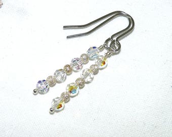 Swarovski Crystal and Surgical Steel Dangle Earrings, Sterling Silver Stardust Beads, AB Beads, Surgical Steel Wires, Drop Earrings