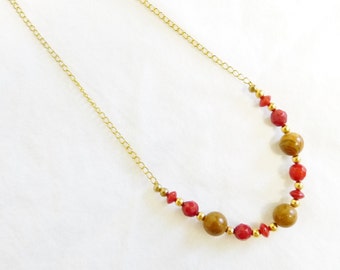 Necklace, Coral and Fossil Wood Jasper, Red, Brown, Jasper, Gold Beads, Gold Chain