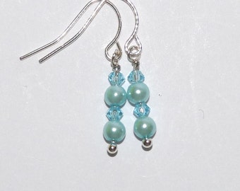 Pearl and Crystal Silver Earrings, Aquamarine Colour, Pale Blue, Swarovski Crystals and Faux Pearl Dangles