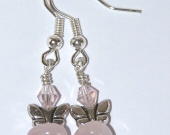 Butterfly Charm Rose Quartz Earrings, Pink, Silver, Drop Style, Swarovski Crystal, Bridesmaid, Wedding, Prom, Flower Girl