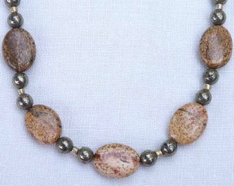 Necklace, Picture Jasper and Pyrite, Fools Gold, Brown, Beige, Cream, Gold, Ooak, Gemstone, Handcrafted, Unique