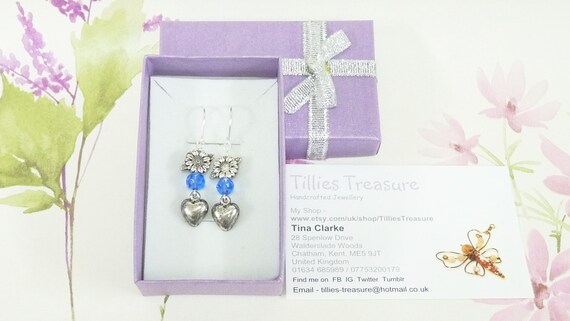 Sunflower Dangle Earrings: Blue Czech Crystal Heart Charms - Etsy