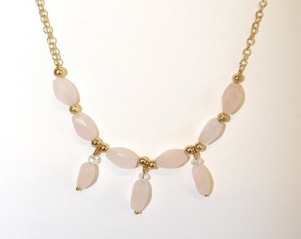 Bib Style Necklace, Peach, Quartz,  Quartzite, Swarovski Crystal, Gold Beads, Gold Chain, Handcrafted Jewelry, Handmade Jewellery