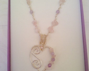 Wire Work Necklace and Pendant, Rose Quartz, Amethyst, Rosary Chain, Pink, Lavender, Silver, Wirework, Heart Pendant, Hand Crafted