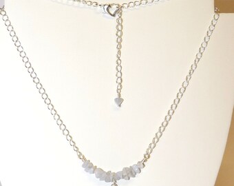 Blue Lace Agate Necklace: Mother of Pearl Heart, Silver Overlay Chain