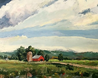 Red Barn Landscape, Along an Empty Road, Giclee Fine Art Print, James Bohling Painting, America Heartland, Farmhouse Decor, Prairie Art