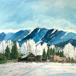 May include: A painting of a snowy landscape with a wooden cabin and a metal water tank in the foreground. The mountains in the background are covered in snow and have a blue hue.