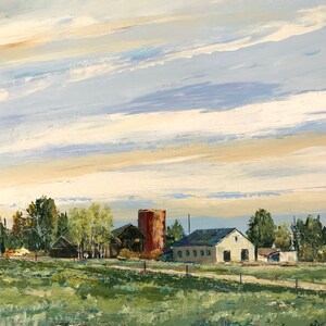 May include: A painting of a rural landscape with a farmhouse, a silo, and trees in the foreground. The sky is a light blue with white clouds.