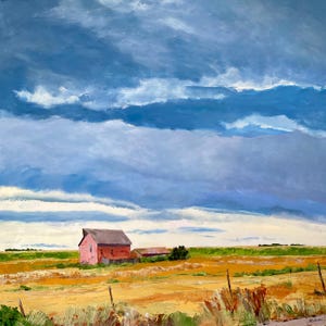 May include: A painting of a red barn in a field with a blue sky and white clouds. The barn is in the foreground and the field is in the middle ground. The sky is in the background.