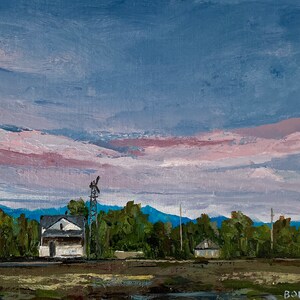 May include: An oil painting depicts a rural landscape under a cloudy sky. A white house with a dark roof and a windmill stand in front of a line of green trees. The sky transitions from blue to pink.