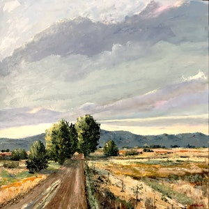 May include: A painting of a dirt road leading through a field with a line of trees on the left side of the road. The sky is cloudy and the background is a distant mountain range.