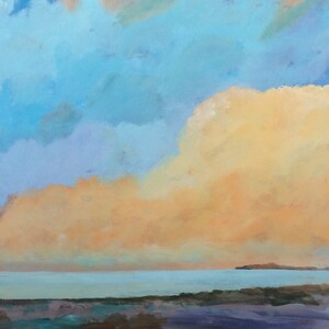 May include: A painting of a seascape with a large, fluffy cloud in the sky. The sky is a mix of blue, purple, and yellow. The water is a light blue, and the shore is a dark green.