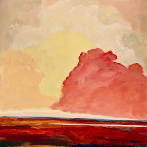 May include: Abstract painting with a large, bright pink cloud in the upper right corner. The sky is a mix of light yellow and beige. The bottom of the painting is a red and orange landscape.