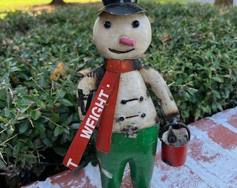 Seasonal Upcycled Tin Snowman with Red Bucket