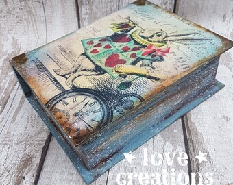 Alice in wonderland,rabbit,Jewellery storage wooden book shape box,treasure,keepsake, memory,jewellery box Vintage style, mixed media