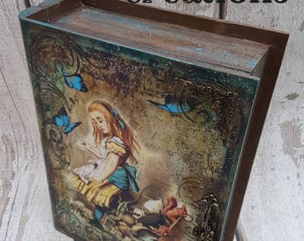 Alice in wonderland, illustration,Jewellery storage wooden book shape box,treasure,keepsake, memory,jewellery box Vintage style, mixed media