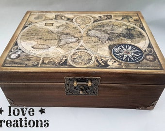 World vintage map treasure, keepsake, memory box,wooden Jewellery storage, decoupaged mixed media, perfect gift for any occasion,personalize