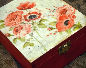 Elegant red flowers Tea Box wooden tea caddy, cookie box, Perfect Mother's Day Gift