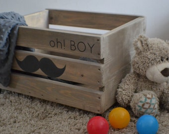 Wooden Crate, Vinatge style wooden toys crate, box Modern,kids room storage nursery furniture, Moustache, boy wooden box, rustic home decor