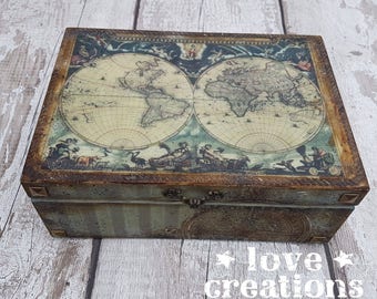 world old map vintage wooden treasure, keepsake, memory, storage box,style,detailed,old effect, handcrafted gift,jewellery box,handmade gift