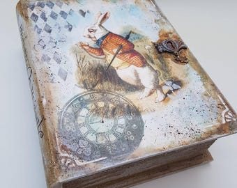 Jewellery storage wooden book shape box,treasure,  keepsake, memory,jewellery box Vintage style, mixed media, Alice in Wonderland theme