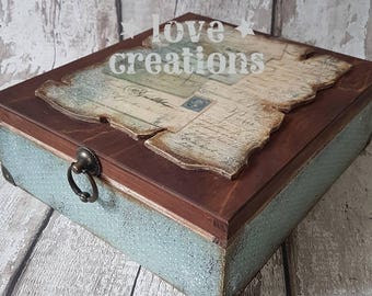 Love letters stylish vintage romantic 9or12 compartments tea box,tea caddy,storage,jewellery box,A4 documents,Decoupaged,can be personalized