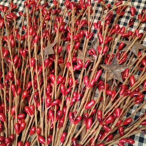 May include: A bundle of red berry stems with brown branches and metallic star accents. The berries are a glossy red, and the stars have a rustic, weathered appearance. The arrangement is set against a black and white checkered background.