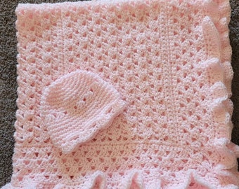 Handmade Crochet Baby Blanket with ruffle - Pink