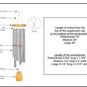 May include: A silver wind chime with wooden top and bottom pieces. The chime has multiple aluminium tubes and a clapper. The windcatcher is made of wood and has a feather attached. The chime is 15 inches long, 24 inches long, or 40 inches long depending on the size. The windcatcher is 2 3/4 inches long and 1 3/4 inches wide, 3.5 inches long and 2 inches wide, or 5 1/2 inches long and 3 1/2 inches wide depending on the size.