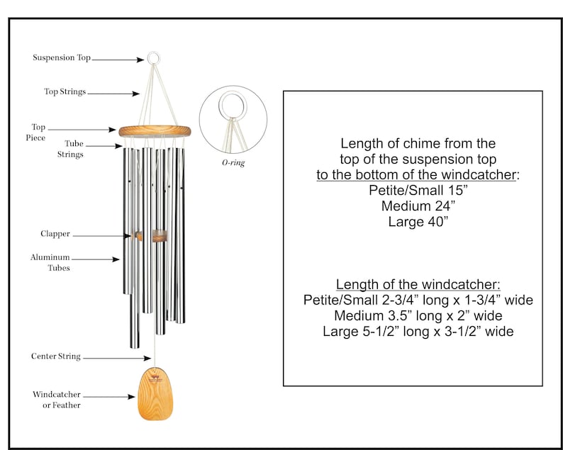 May include: A silver wind chime with wooden top and bottom pieces. The chime has multiple aluminium tubes and a clapper. The windcatcher is made of wood and has a feather attached. The chime is 15 inches long, 24 inches long, or 40 inches long depending on the size. The windcatcher is 2 3/4 inches long and 1 3/4 inches wide, 3.5 inches long and 2 inches wide, or 5 1/2 inches long and 3 1/2 inches wide depending on the size.