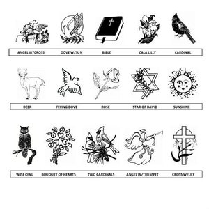 May include: Black and white line art illustrations of various symbols and images commonly used in memorial services.  The images include a dove, a cross, a bible, a rose, a deer, a cardinal, a star of David, an angel, and a sun.