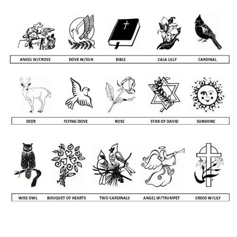 May include: Black and white line art illustrations of various symbols and images commonly used in memorial services.  The images include a dove, a cross, a bible, a rose, a deer, a cardinal, a star of David, an angel, and a sun.