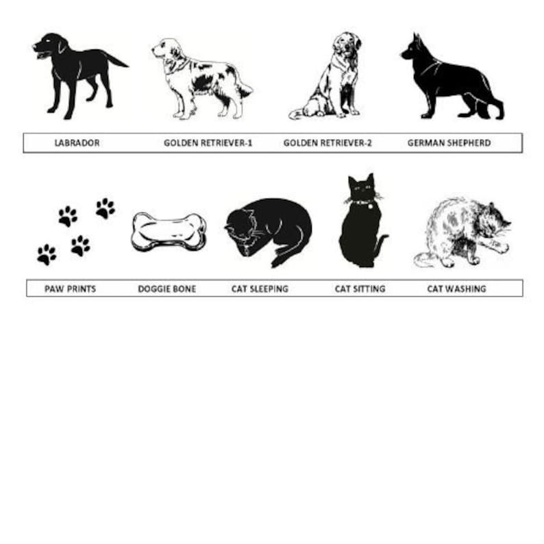May include: Black and white silhouette illustrations of various dog and cat breeds, including a Labrador, Golden Retriever, German Shepherd, cat sleeping, cat sitting, and cat washing. Paw prints and a dog bone are also included.