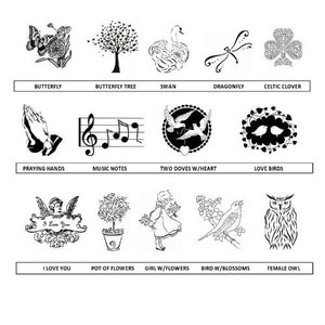 May include: Black and white illustrations of various designs, including a butterfly, a tree, a swan, a dragonfly, a Celtic clover, praying hands, music notes, two doves with a heart, love birds, an angel with the text "I Love You", a pot of flowers, a girl with flowers, a bird with blossoms, and a female owl.