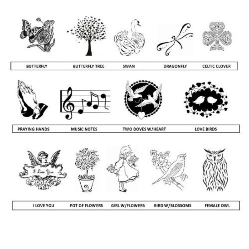 May include: Black and white illustrations of various designs, including a butterfly, a tree, a swan, a dragonfly, a Celtic clover, praying hands, music notes, two doves with a heart, love birds, an angel with the text "I Love You", a pot of flowers, a girl with flowers, a bird with blossoms, and a female owl.