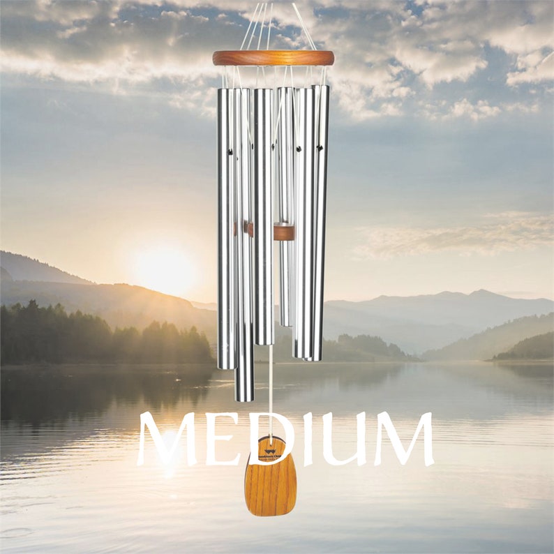 Pu&ograve; includere: Un carillon d'argento con una cima in legno e un battente in legno. Il carillon &egrave; appeso davanti a un lago e montagne con un tramonto sullo sfondo. La parola "MEDIUM" &egrave; stampata sotto il carillon.