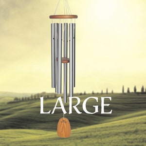 Pu&ograve; includere: Un carillon di vento in argento di grandi dimensioni con una parte superiore in legno e un'etichetta in legno che dice "LARGE". Il carillon &egrave; appeso davanti a uno sfondo sfocato di un campo verde e un cielo blu.