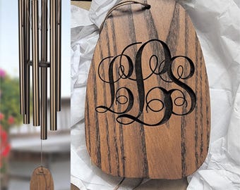 Monogram Wind Chime Present, Sorority Sister Gift, Personalized Script Initials, Custom Engraved Insignia Logo Crest Inscribed Embroidered
