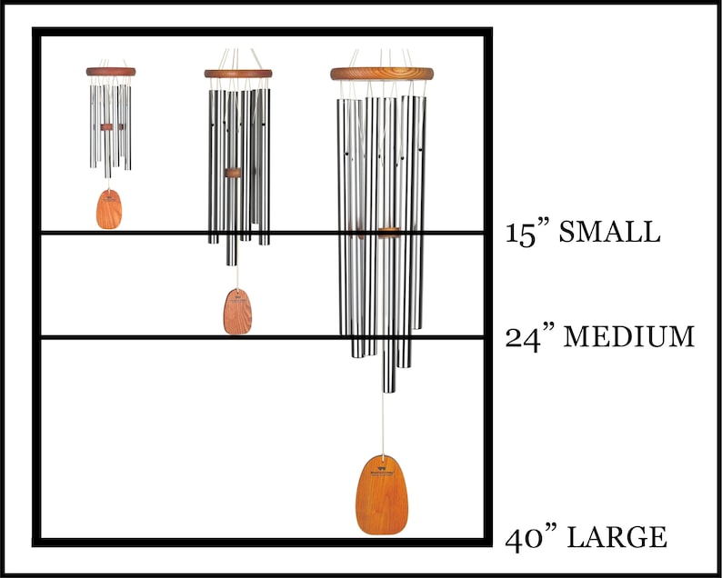 May include: Three wind chimes of different sizes, 15 inches, 24 inches, and 40 inches. The chimes are made of metal tubes and have a wooden clapper. The chimes are hanging from a wooden frame.