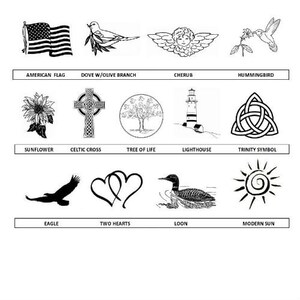 May include: Black and white line art illustrations of various symbols and images, including an American flag, a dove with an olive branch, a cherub, a hummingbird, a sunflower, a Celtic cross, a tree of life, a lighthouse, a trinity symbol, an eagle, two hearts, a loon, and a modern sun.