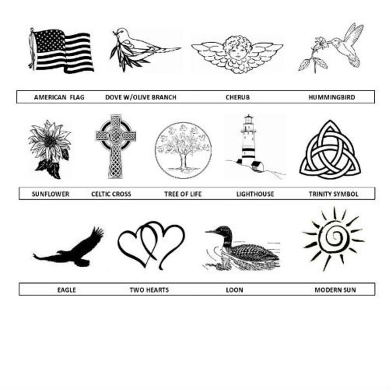 May include: Black and white line art illustrations of various symbols and images, including an American flag, a dove with an olive branch, a cherub, a hummingbird, a sunflower, a Celtic cross, a tree of life, a lighthouse, a trinity symbol, an eagle, two hearts, a loon, and a modern sun.