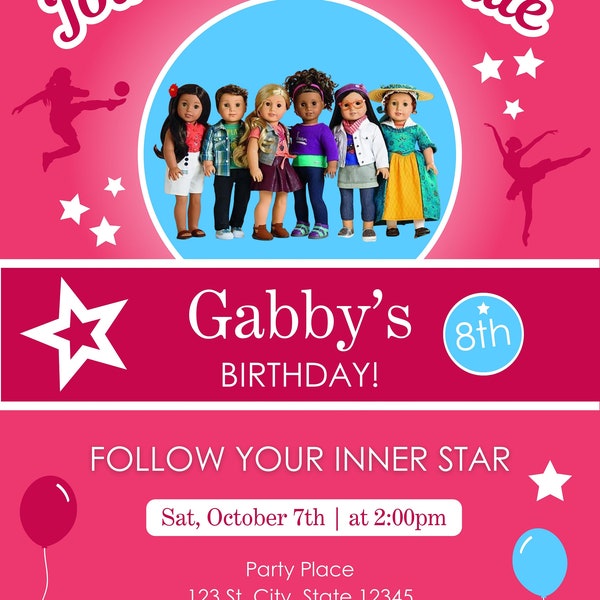 American doll invitation, Star Invitation, star birthday, doll birthday invitation, girl star invitation, American doll party invitation