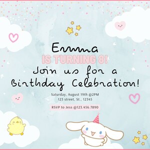 KAWAII character, cute bunny, birthday invitation, cinnamon roll, personalized invite.