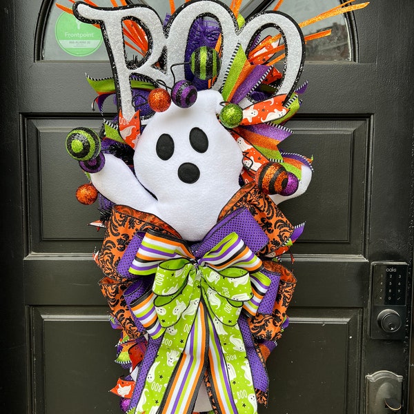 Orange, Purple, Lime Green Halloween Ghost Tear Drop Wreath for your front door, entrée way, any wall space in your house.